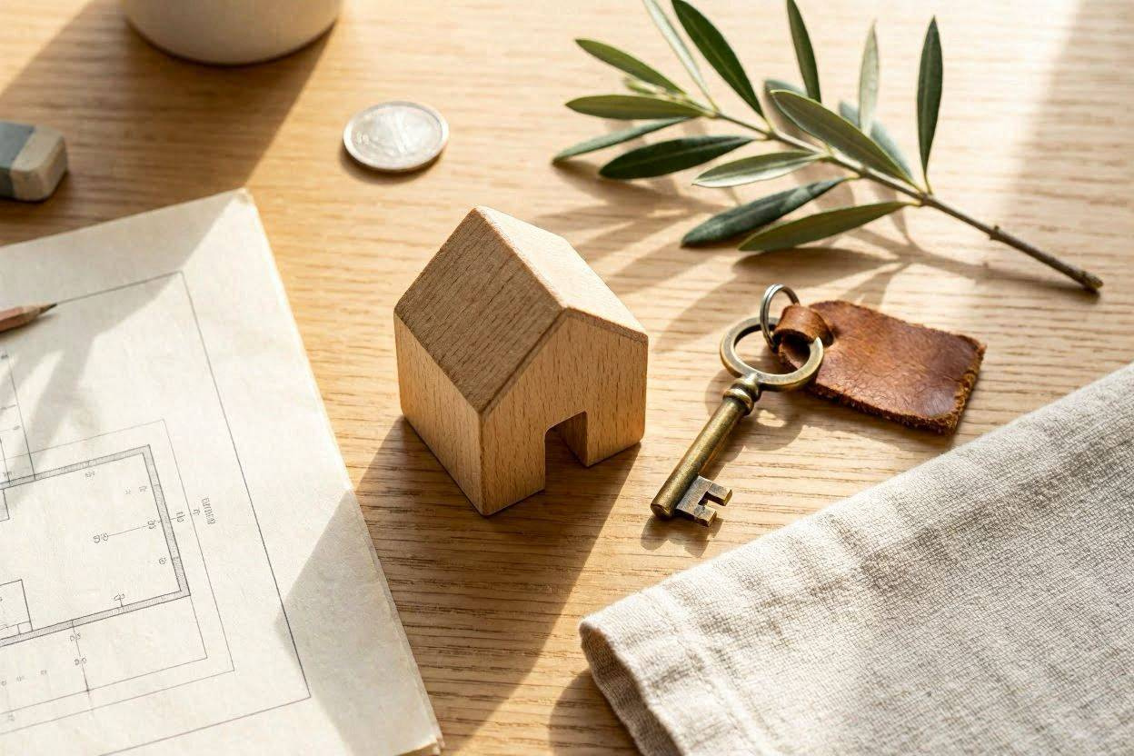 Lille træhus-model, messingnøgle og floorplan — din andelsboligs værdi