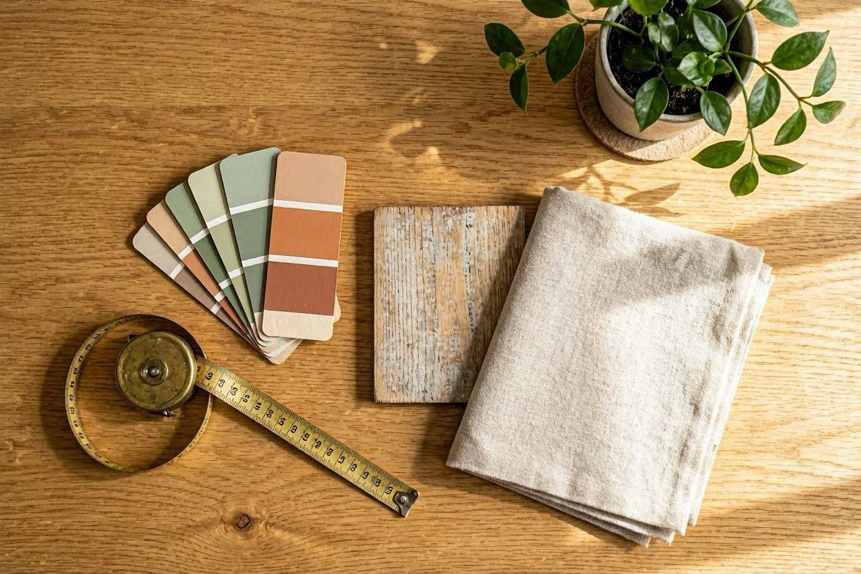 Renoveringsværktøjer, farve-swatches og materialer — forbedringer i andelsbolig