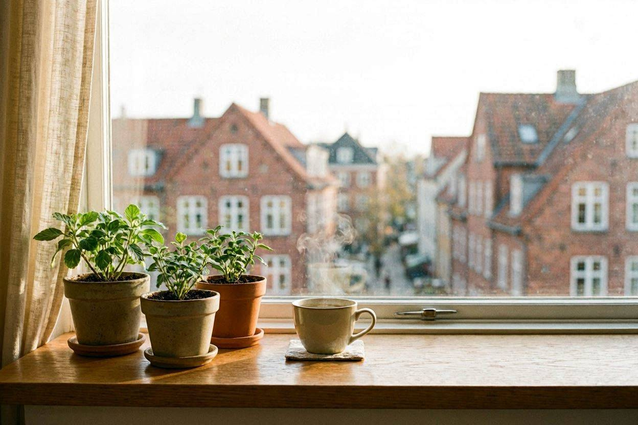 Vindue i københavnsk andelsbolig med udsigt til røde tage — case eksempel 65 m²