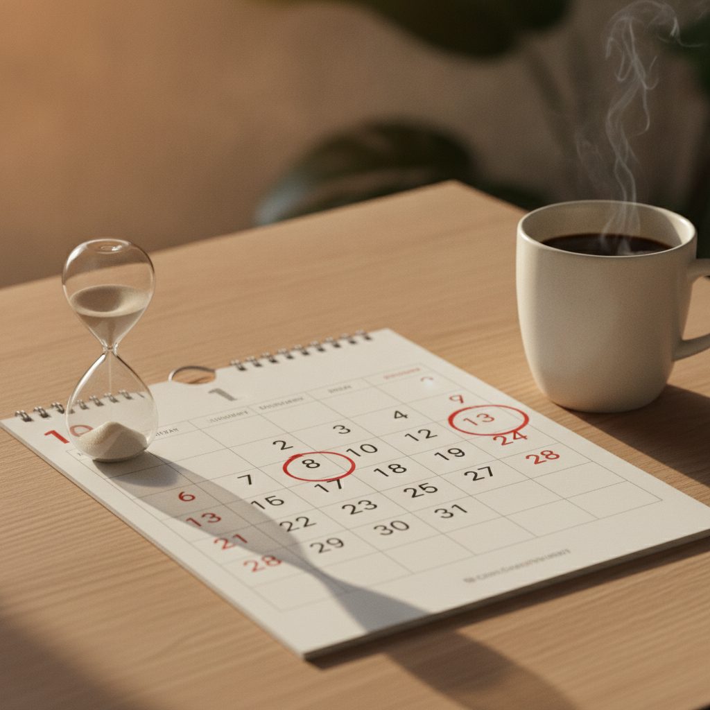 Kalender og timeglass på egetræsbord — forløb og tidsplan