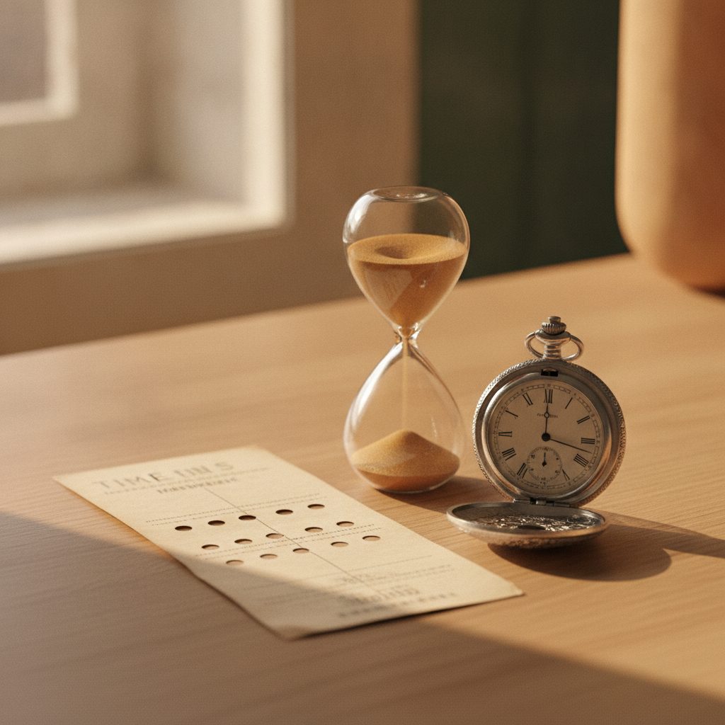 Time-kort og timeglass på egetræsbord — håndværker-tid vs din tid