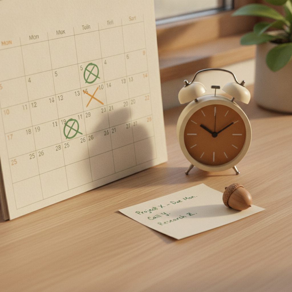 Kalender med markerede datoer og alarm-ur på egetræsbord — timing af vurdering
