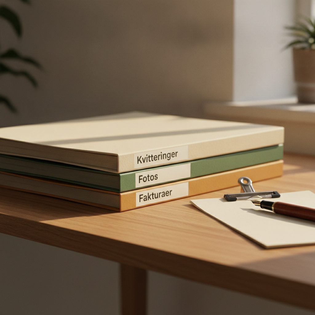 Sorterede mapper med kvitteringer, fotos og fakturaer på egetræsbord
