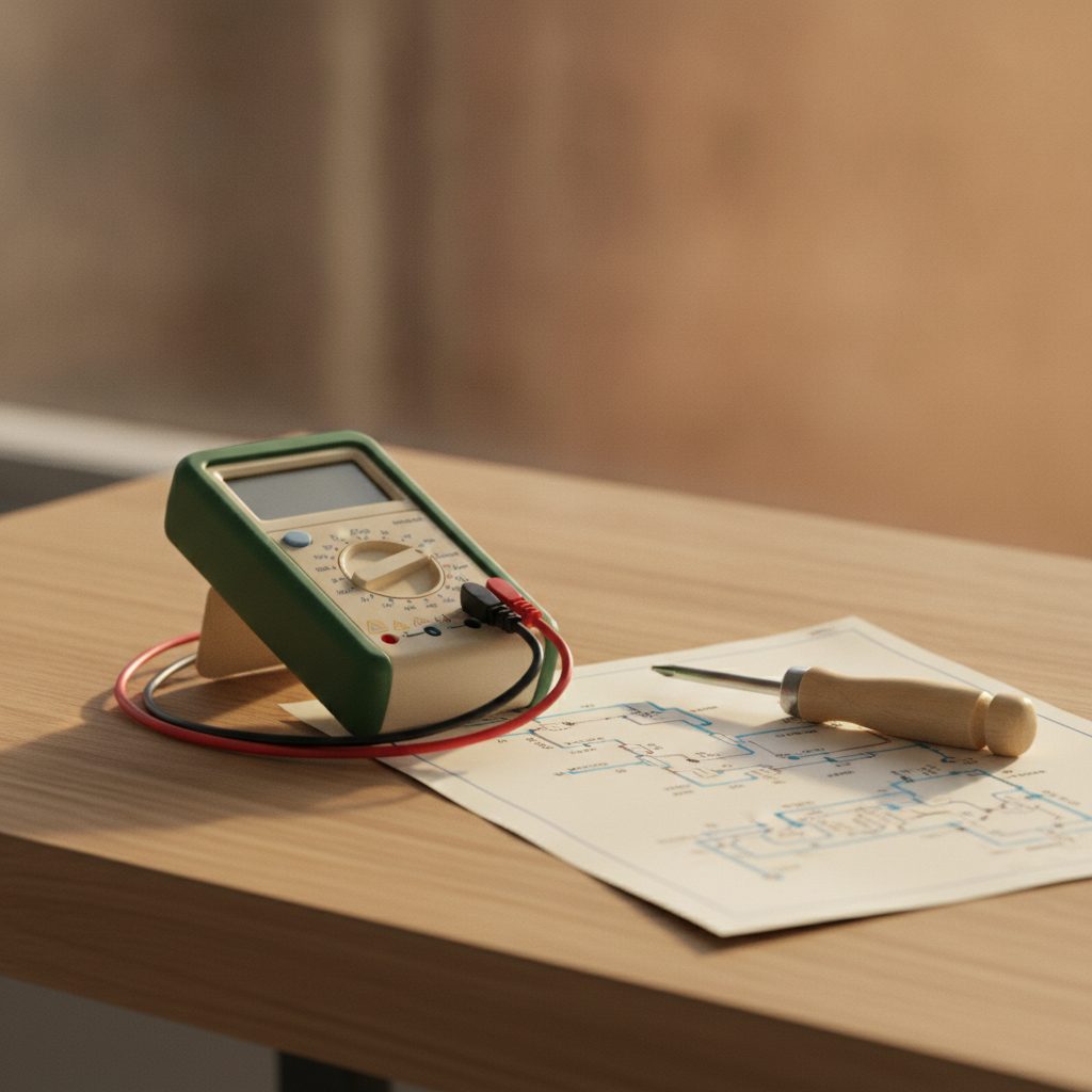 Multimeter og el-skema på egetræsbord — el- og VVS-installationer