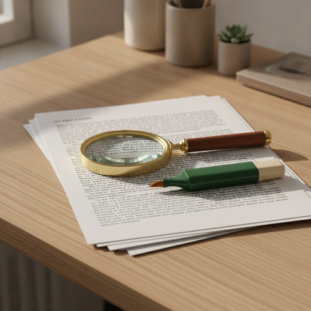 Dokumenter med fine print og lup på egetræsbord — dokumentation matches