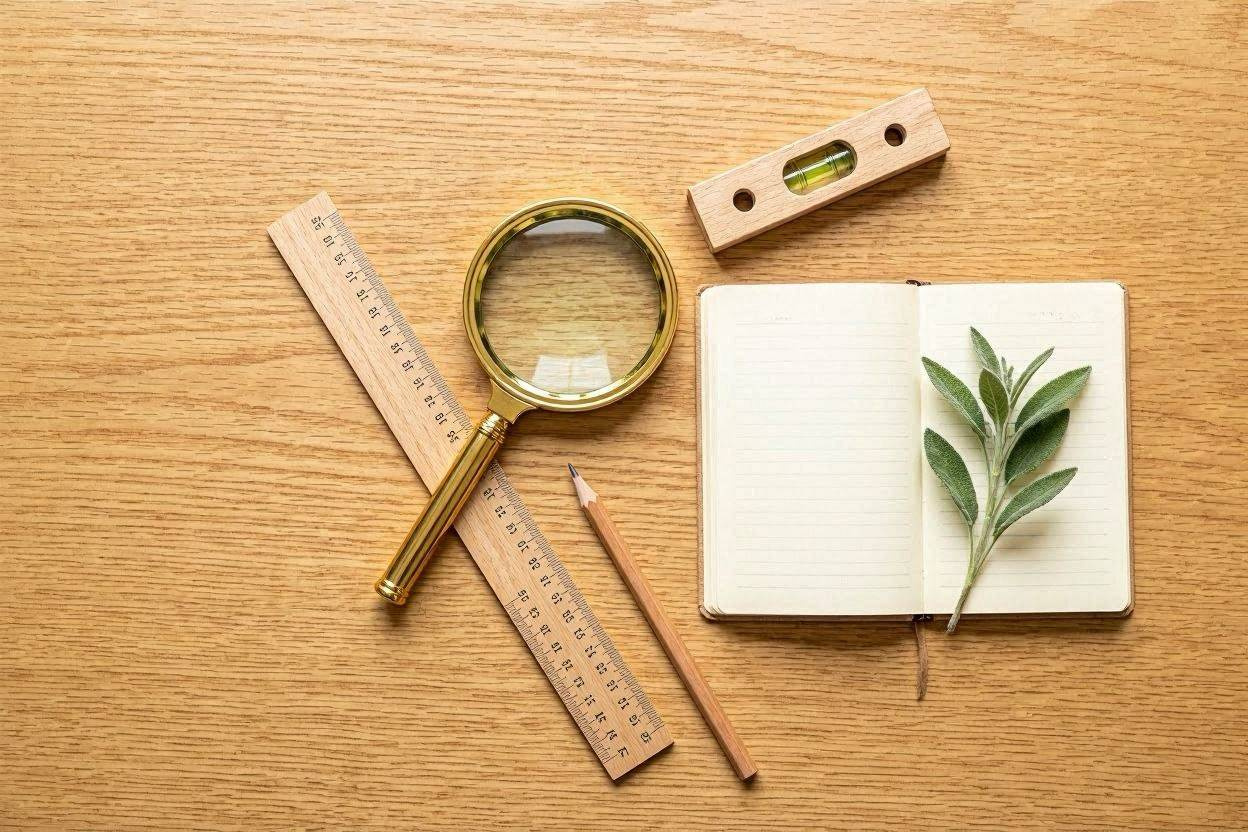 Forstørrelsesglas, lineal og notesbog — observationer ved fremvisning af andelsbolig