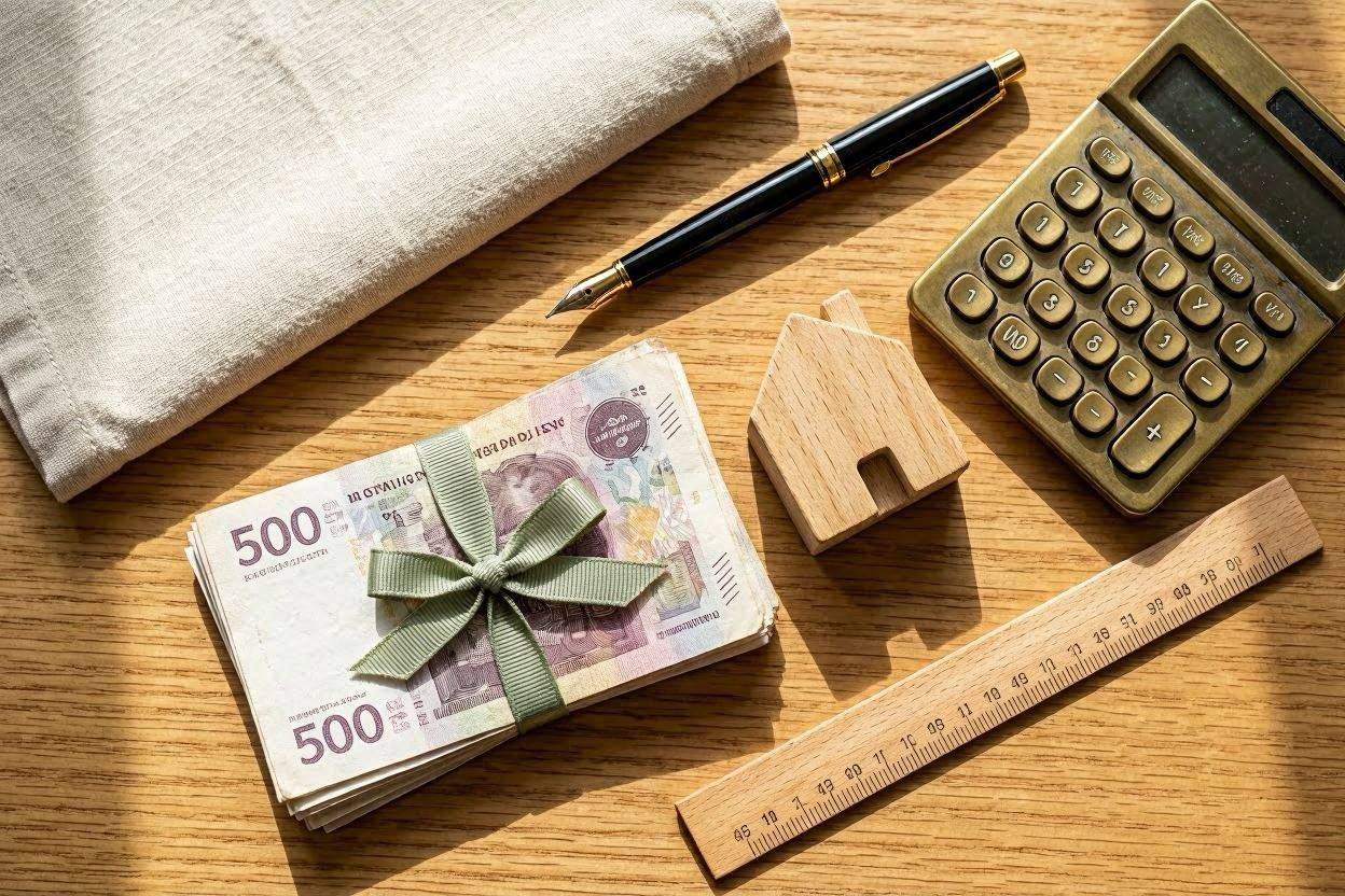 Kronesedler, kalkulator og hus-model på oak-skrivebord — byggelån vs. boliglån