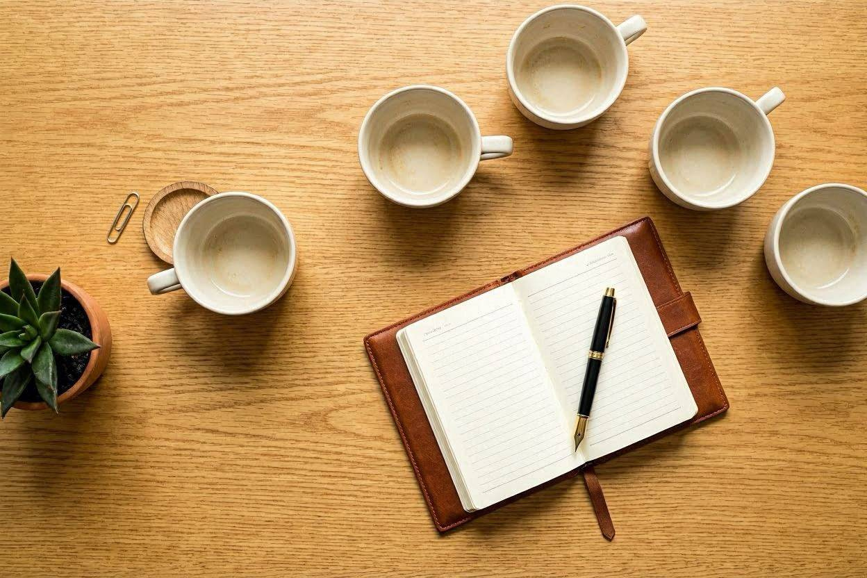 Kaffekopper og planlægger på oak-bord — foreningens generalforsamling og bestyrelse
