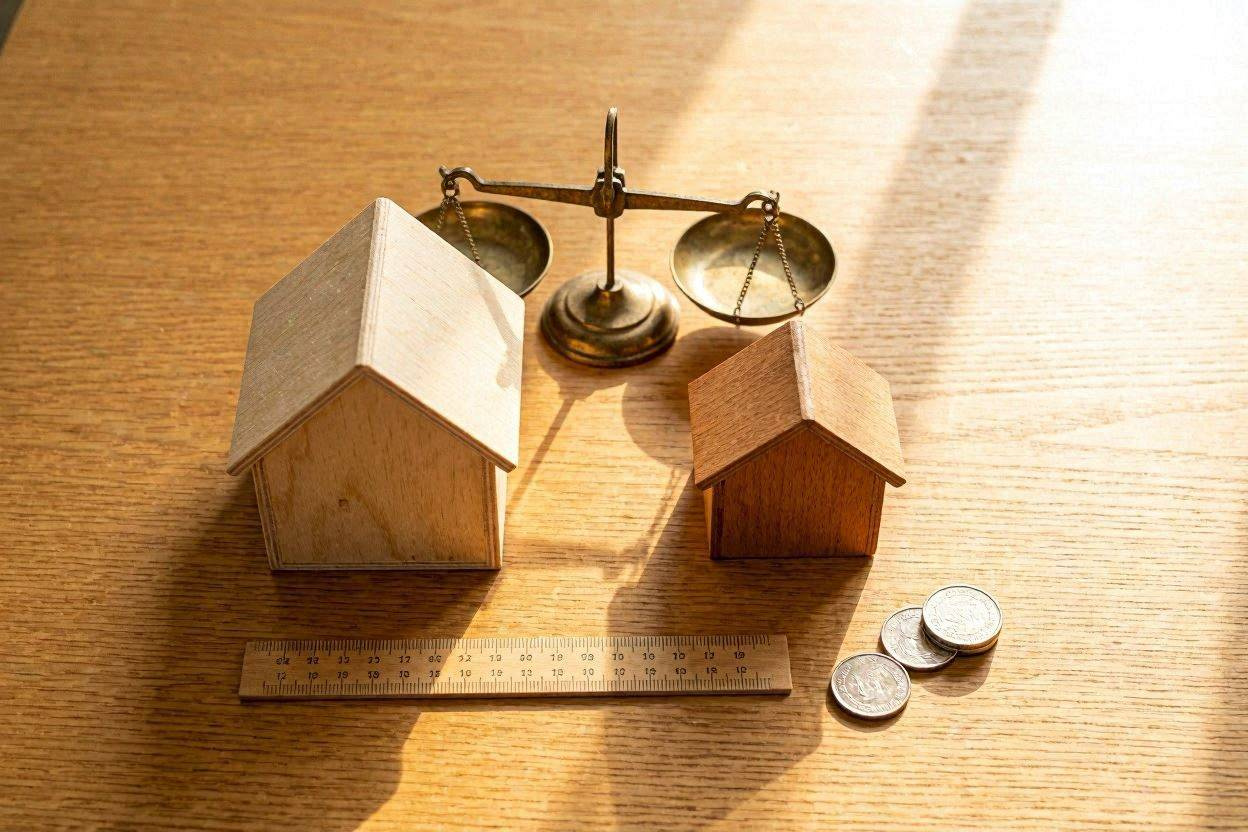 To hus-modeller med vægt-symbolik — sammenligning af andelsbolig og ejerbolig