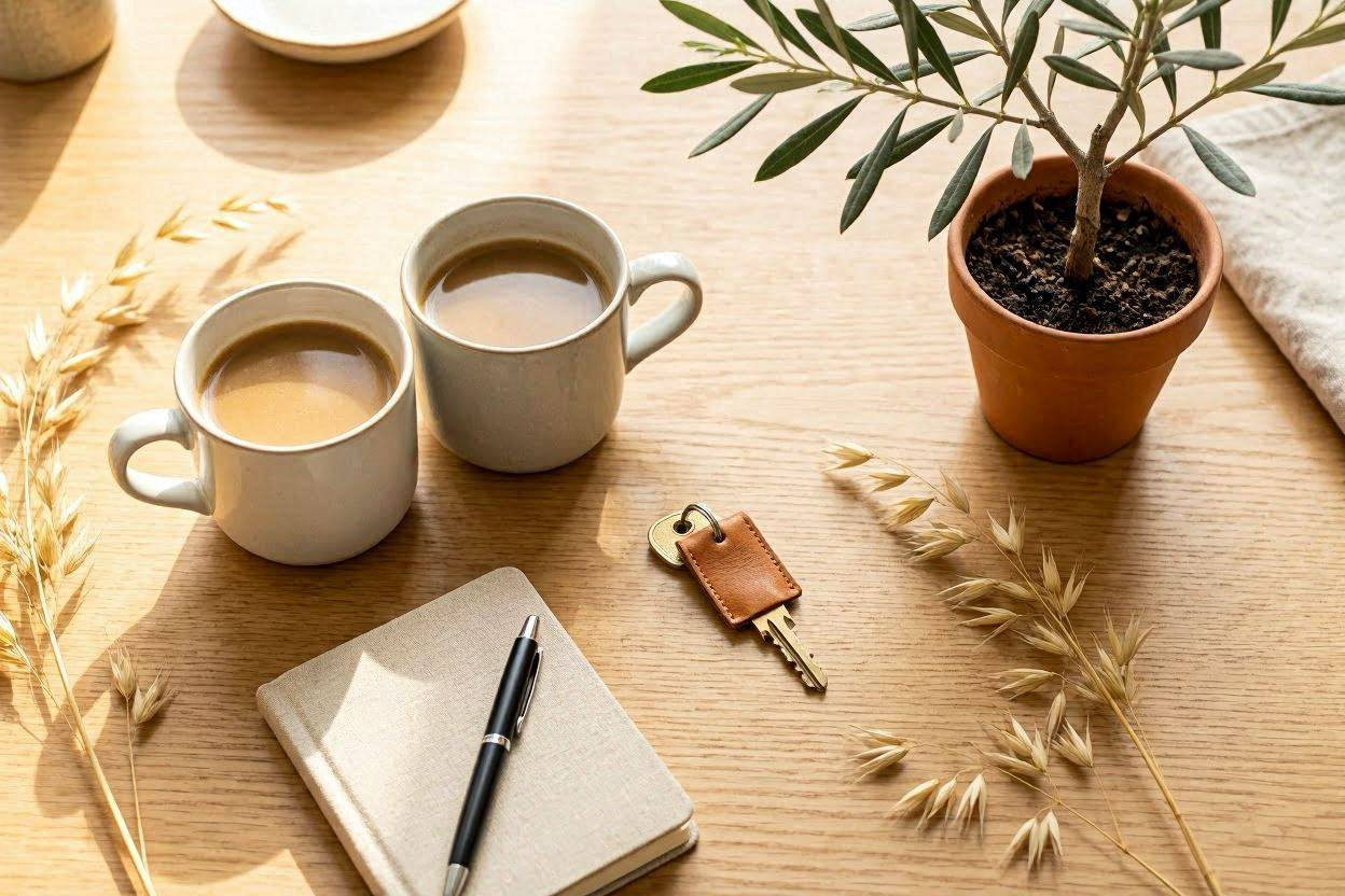 To kaffekopper på oak-bord — velkommen som ny andelsboligkøber