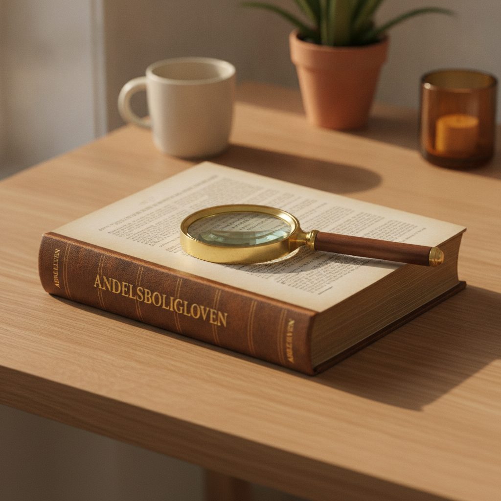 Andelsboligloven åben på §5 med magnifying glass på egetræsbord