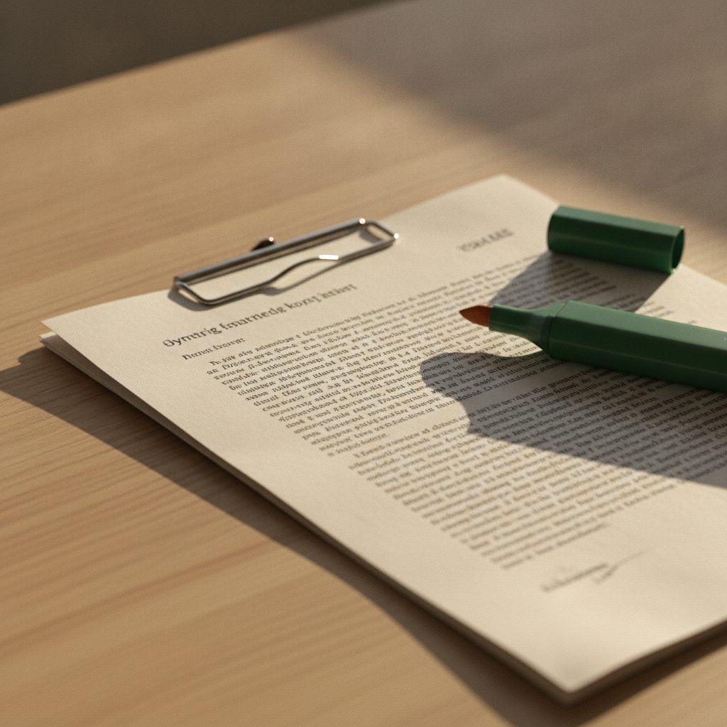 Retsdokument med paperclip og highlighter på egetræsbord — §5-vurderingens fem trin