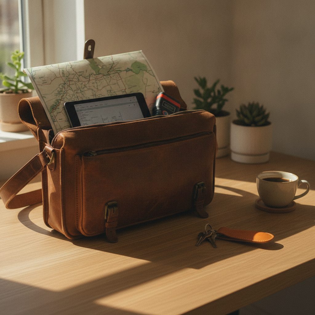 Vurderingsmandens satchel bag med tablet, Sjællandskort og nøgler på egetræsbord